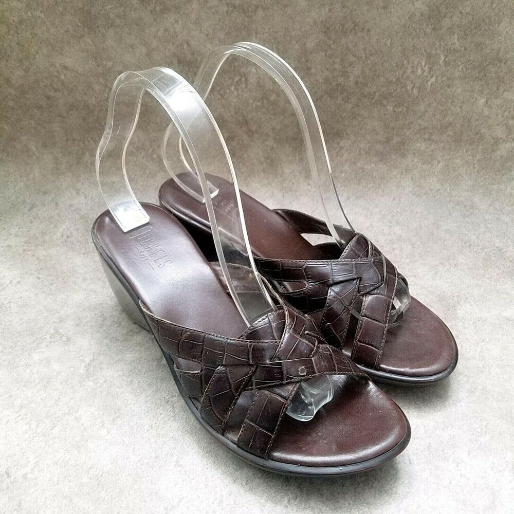 Nickles Womens   Sz 8.5 M Brown  Leather Slide 3" Wedge Sandals